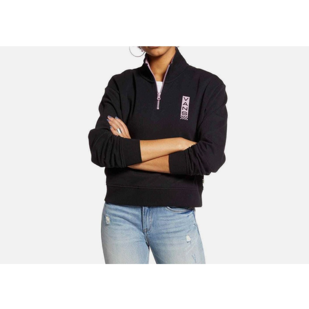 VANS Women's Quarter Zip Black Pink Cropped Pullover Sweatshirt Skate Street XS - Picture 1 of 10
